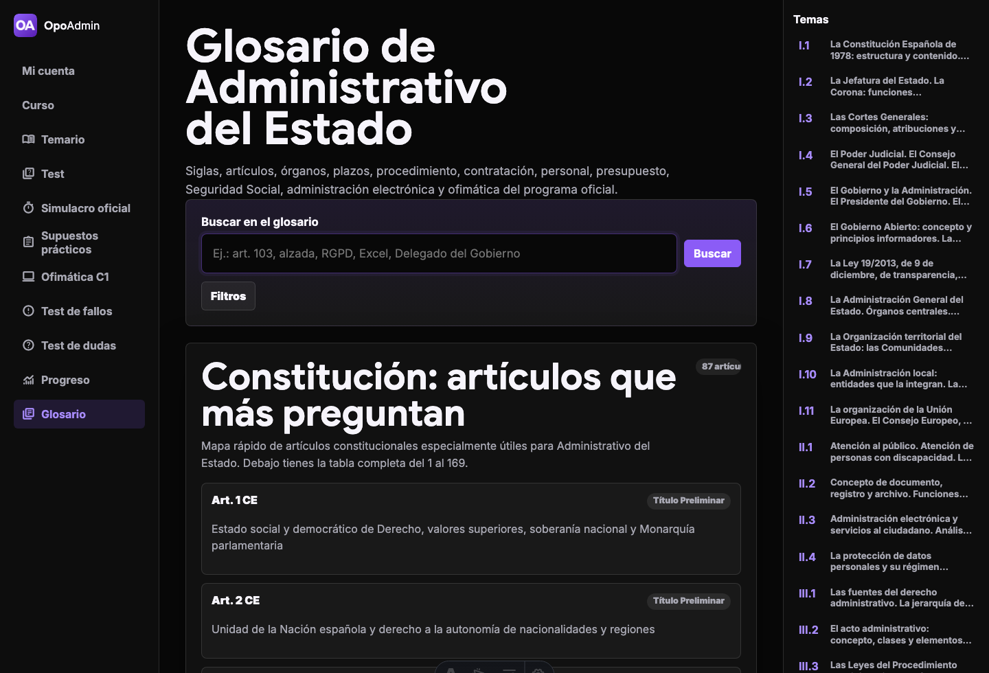 Captura real del glosario de términos en escritorio