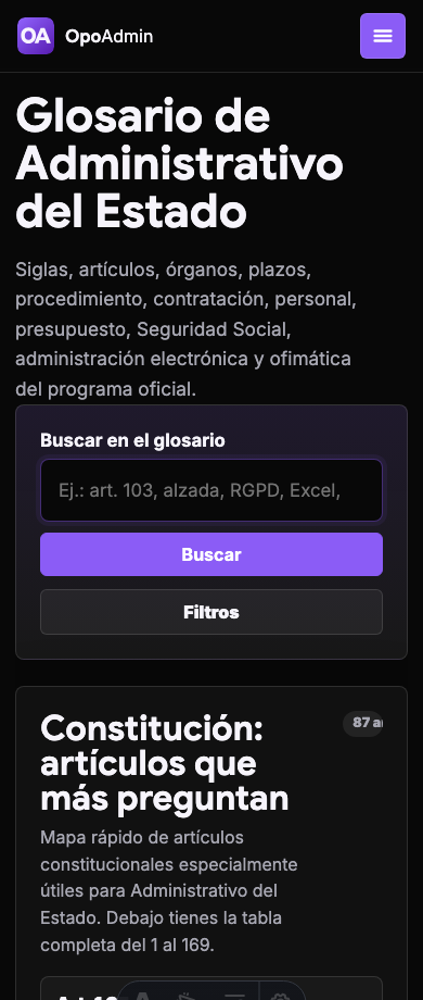 Captura real del glosario de términos en móvil