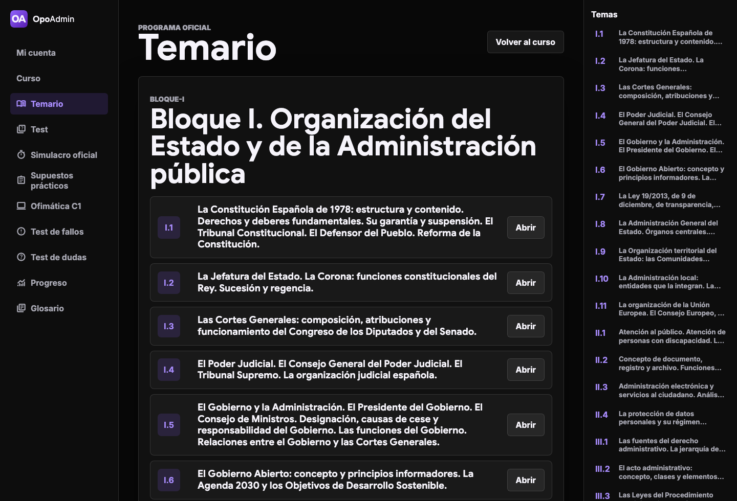 Captura real del listado de temas de OpoAdmin en escritorio