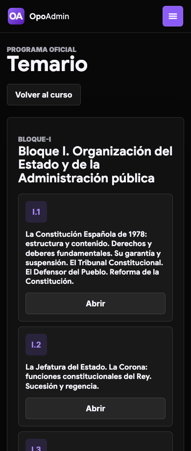 Captura real del listado de temas de OpoAdmin en móvil