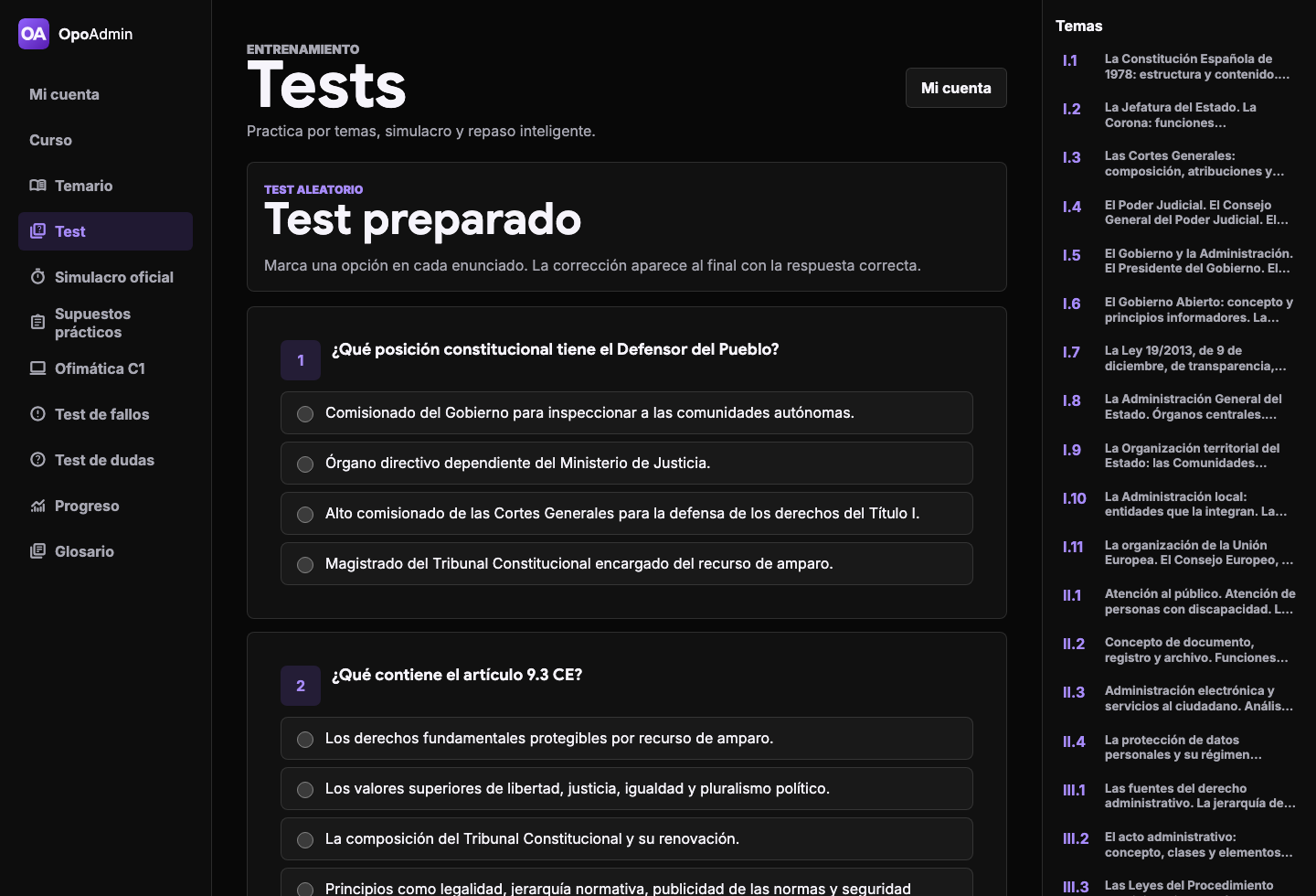 Captura real de un test preparado con primeras preguntas en escritorio
