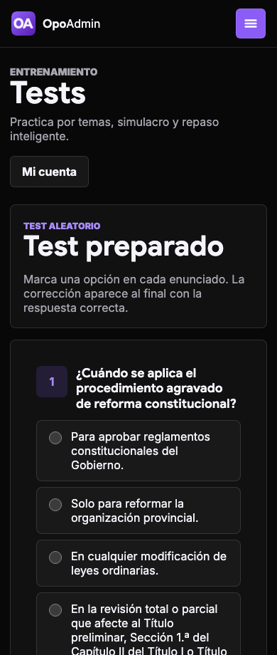 Captura real de un test preparado con primeras preguntas en móvil