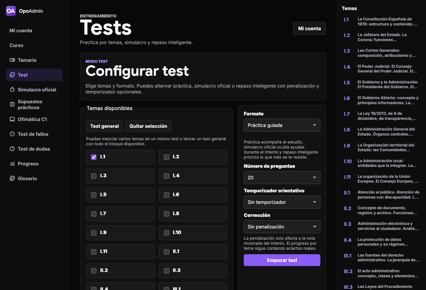 Captura real de la pantalla para crear un test por temas en escritorio