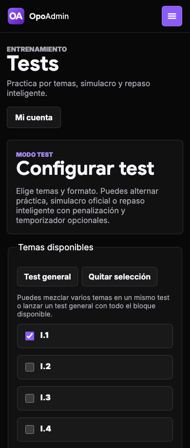 Captura real de la pantalla para crear un test por temas en móvil